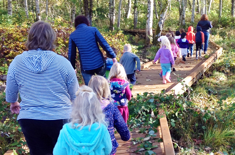 Preschool class walking through the woods