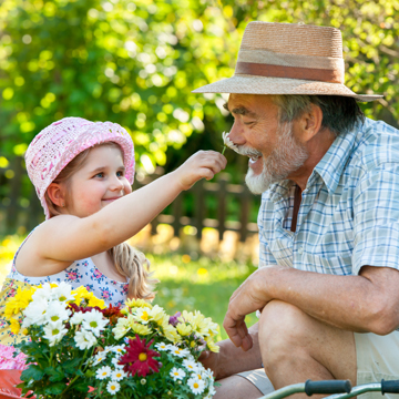 Girl puts a flower on her grandfather's nose