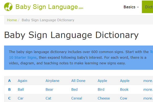 Baby sign language dictionary
