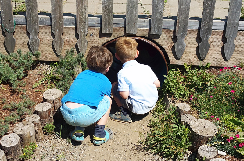 Two boys look inside a tunnel